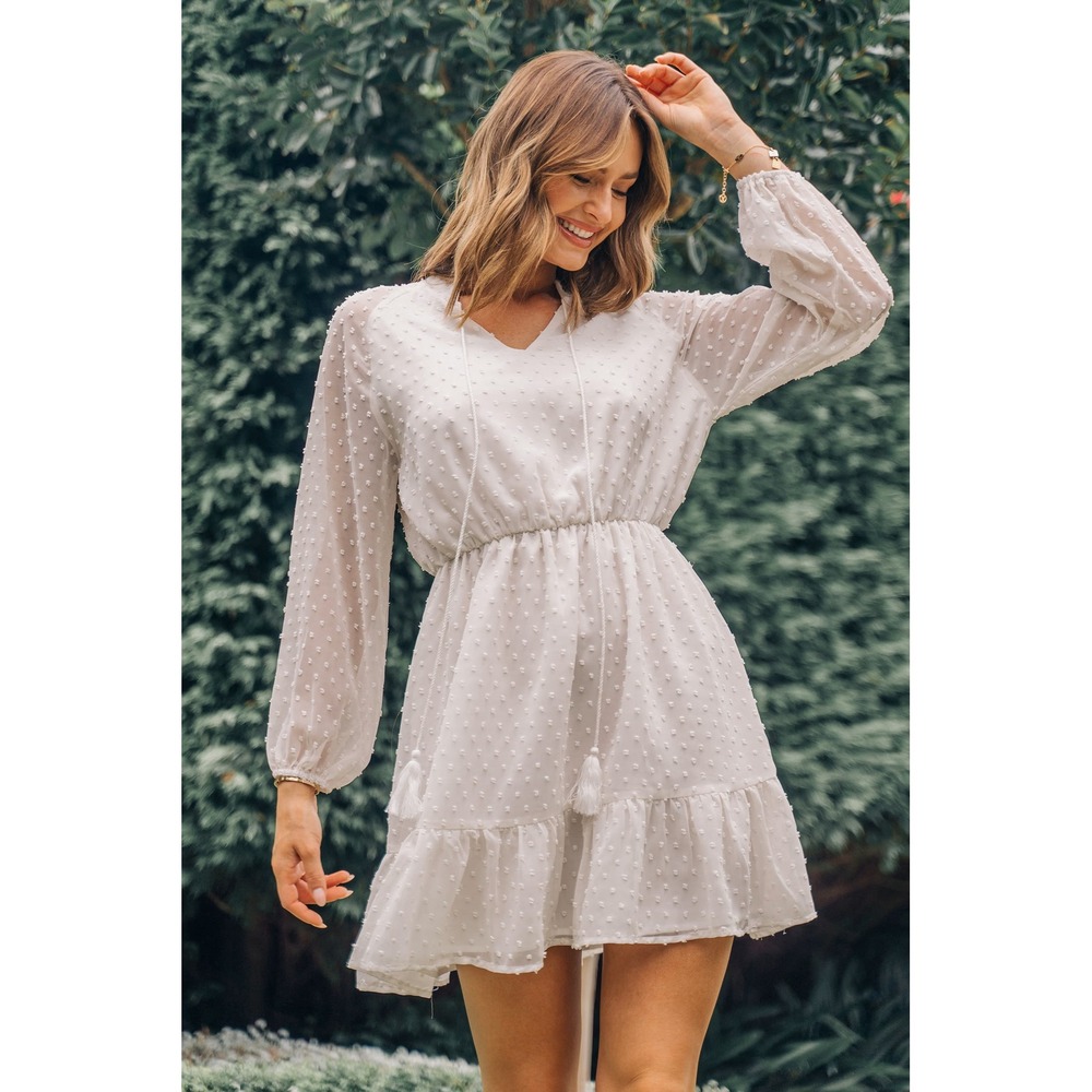 NWT Cupshe Swiss Dot Mini Dress Long Sleeve V-Neck Tassel Tie White Small